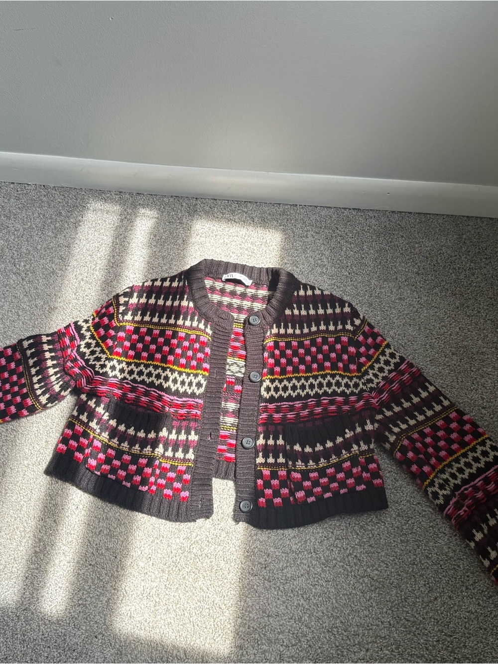 Zara Brown, Pink and Yellow Patterned Cropped Cardigan